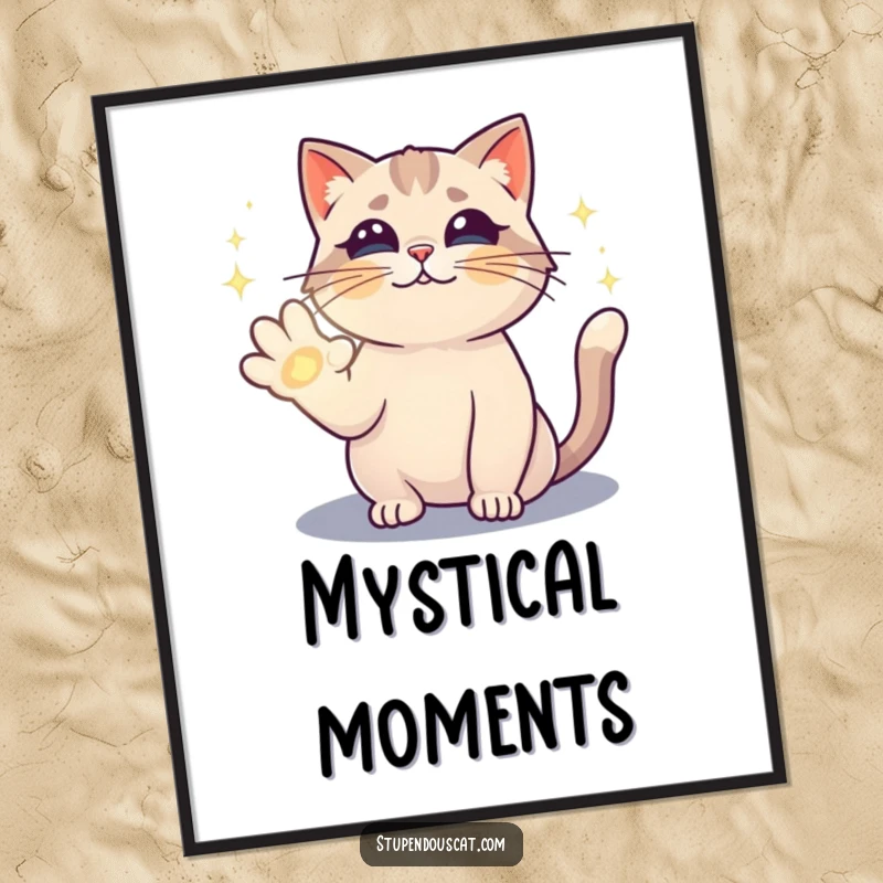 Funny digital art print of a magical cat casting a sparkling spell with its paw, radiating enchantment and charm.