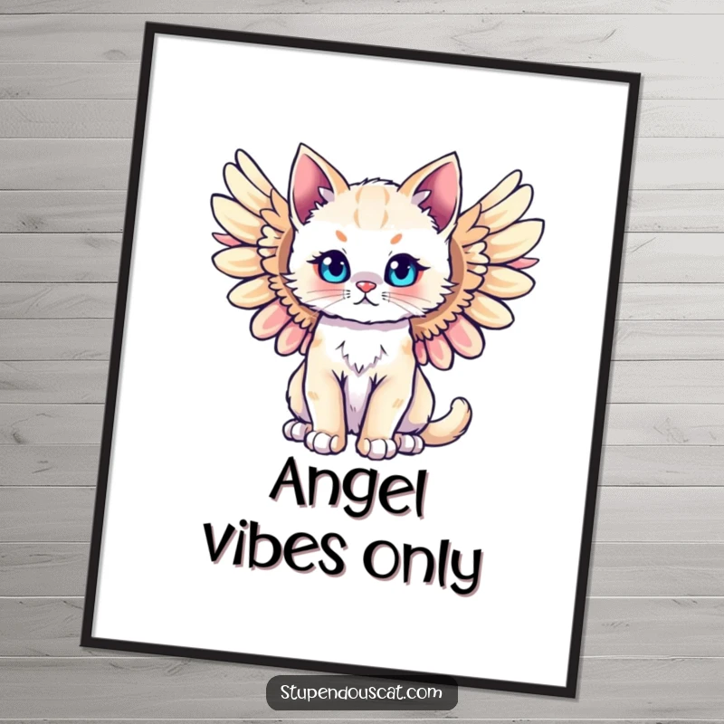 Funny majestic angel cat cub digital art print, wings spread wide, exuding divine humor and feline grace. Printable art.