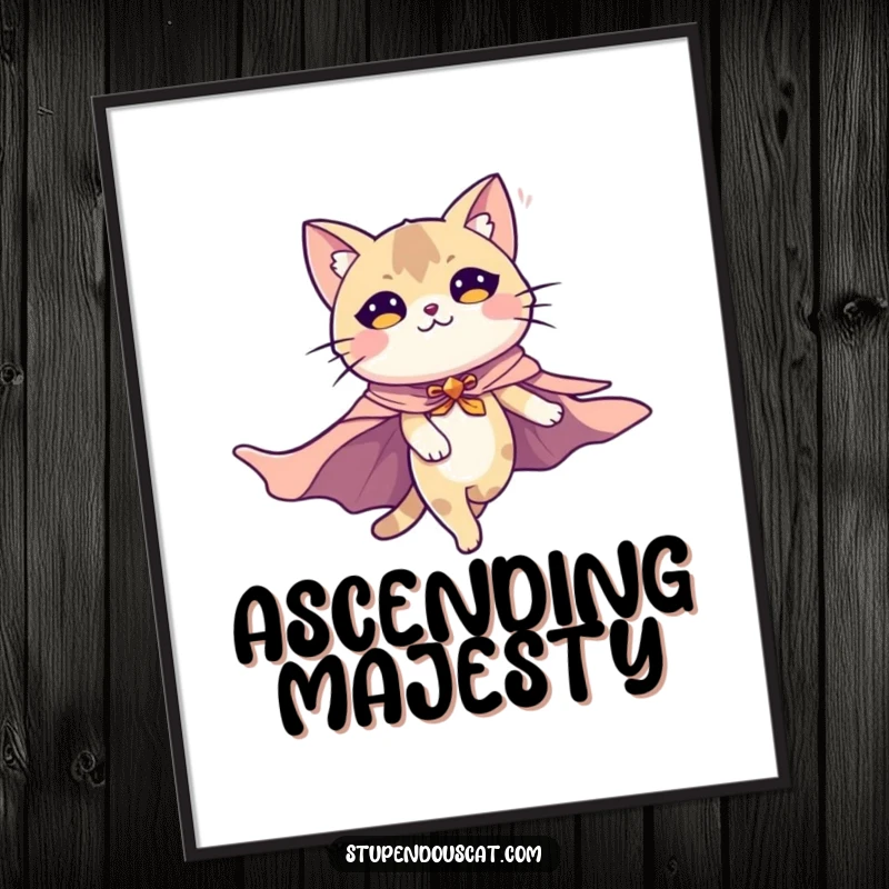 Funny digital art print of a majestic cat with a billowing cape, dynamically flying through the sky, radiating heroism.