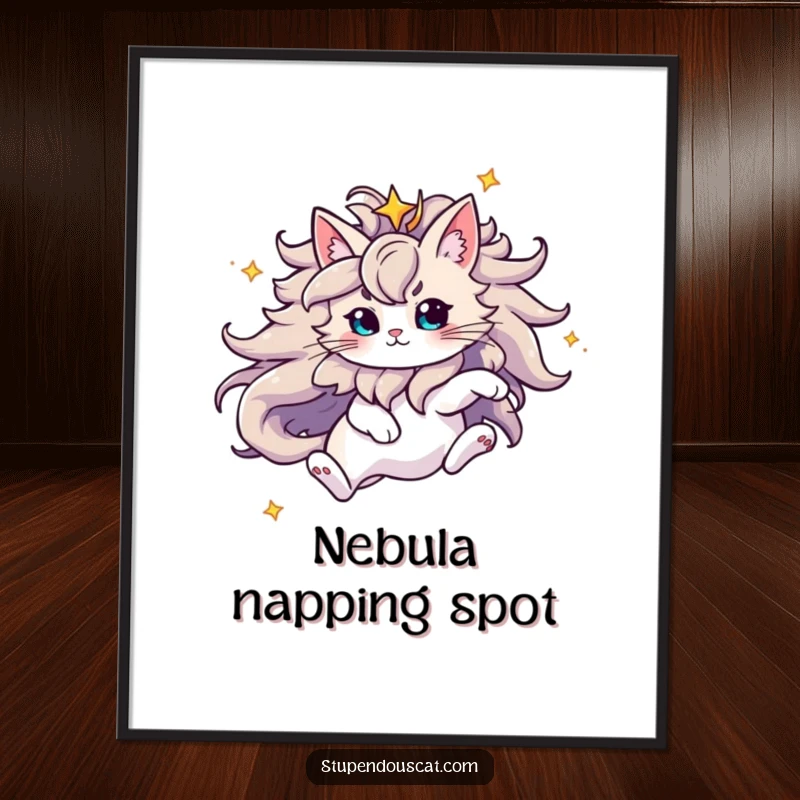 Funny Digital Art Print of a majestic cat with a flowing starry mane leaping through the universe, a high-resolution celestial masterpiece.