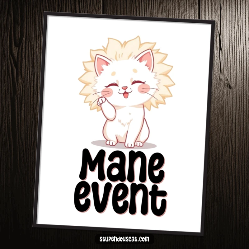 Funny cat digital art print of a cat comically attempting to style or tame its large, fluffy, and wild mane.