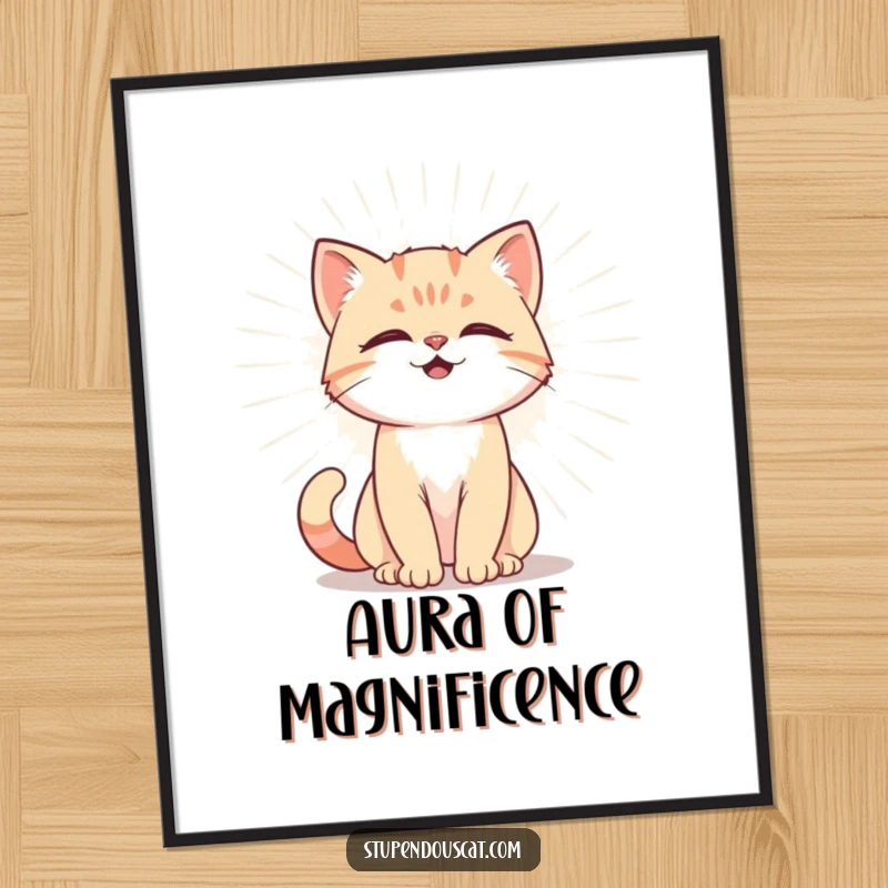 Funny Digital Art Print of a powerful cat cub emitting a radiant aura, offering instant, humorous wall decor filled with majestic energy.
