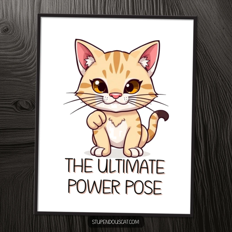 Funny digital art print: A proud feline with exaggerated whiskers stands in a powerful stance, radiating majestic confidence.