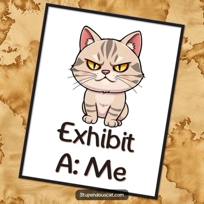 Funny digital art print: A smug cat with narrowed, twinkling eyes strikes a dramatic and captivating pose, exuding cool confidence.
