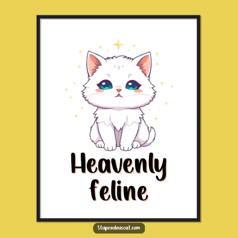 Funny White Cat Stardust Digital Art Print - Majestic Celestial Download Gift