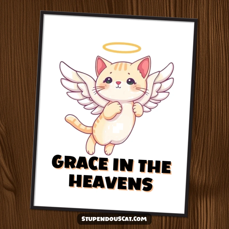 Funny angelic cat wings digital art print of a cat with majestic wings soaring gracefully through a serene sky.
