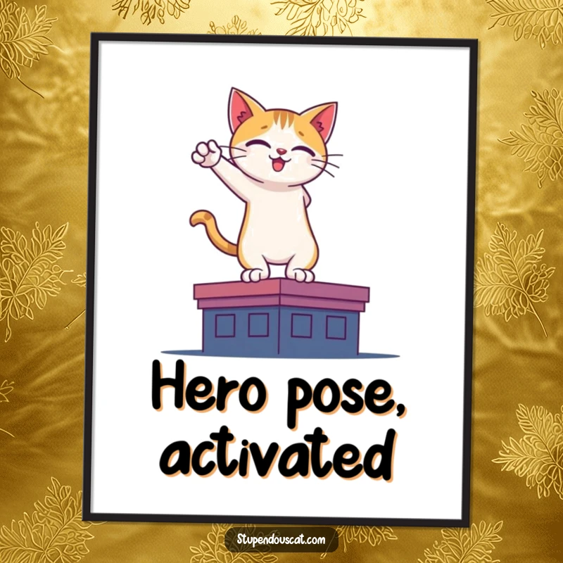 Funny digital art print of a heroic cat silhouette on a rooftop, conveying bravery and adventure for wall decor.