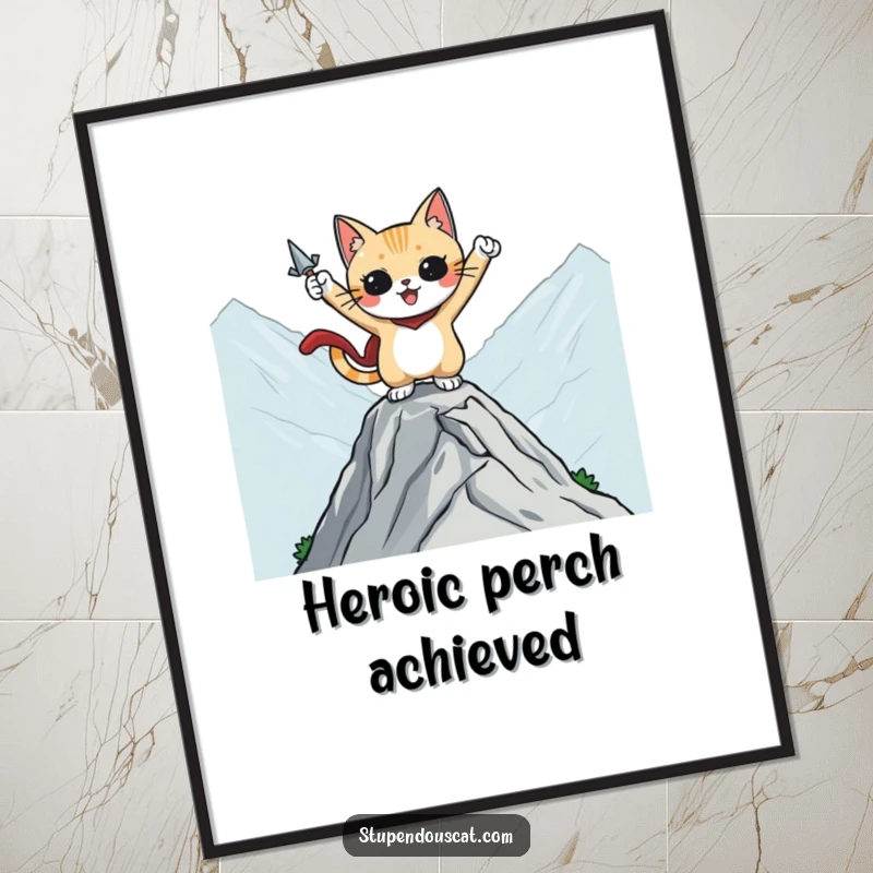 Funny digital art print of a heroic cat character striking a pose on a mountaintop, full of adventure and humor.