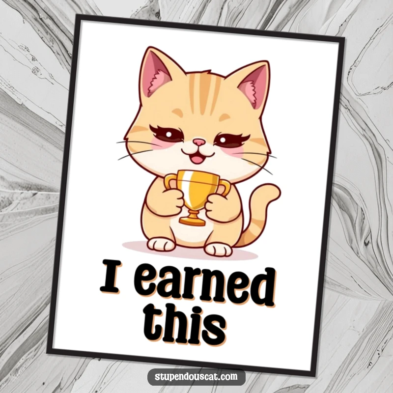 Funny smug cat digital art print holding a tiny trophy, ideal for framing and proud wall decor.