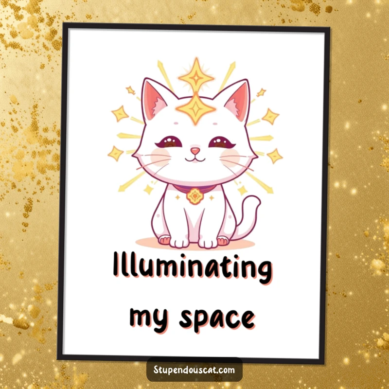 Funny Digital Art Print of a radiant cat adorned with glowing celestial symbols, emitting a magical, ethereal glow for wall decor.