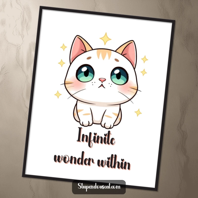 Funny Digital Art Print: A cat with wide, impressed eyes gazing at a star-filled sky, offering instant cosmic wonder.