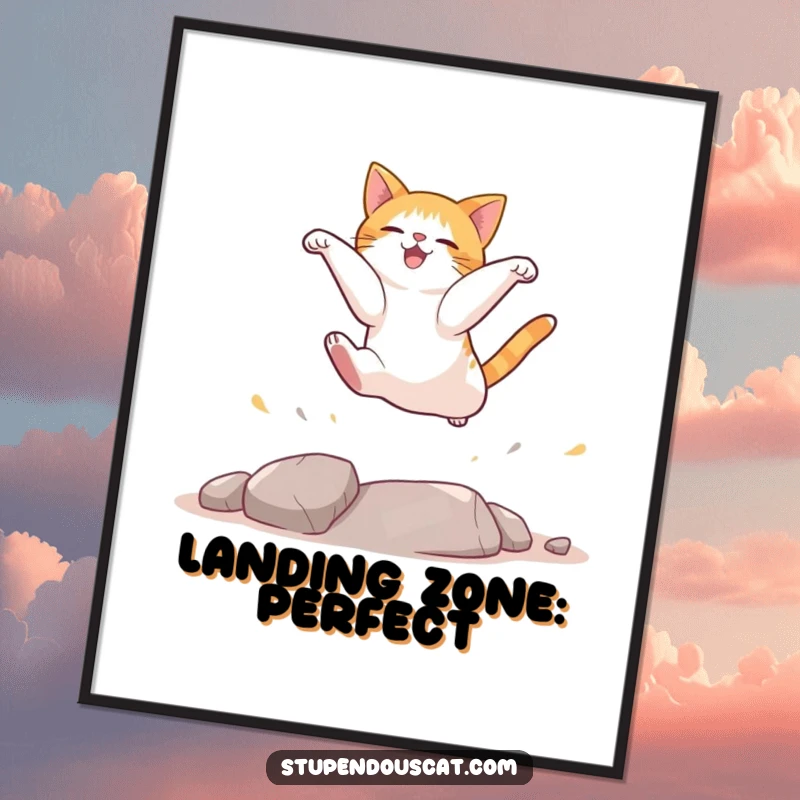 Funny cat digital art celebrating a cat's epic mid-air landing with humorous detail and artistic flair.