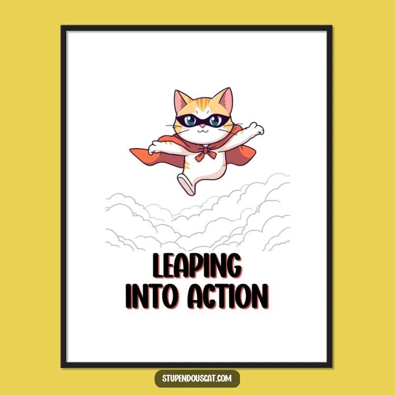Funny Hero Cat Digital Art: Leaping Determination for Inspiring Wall Decor