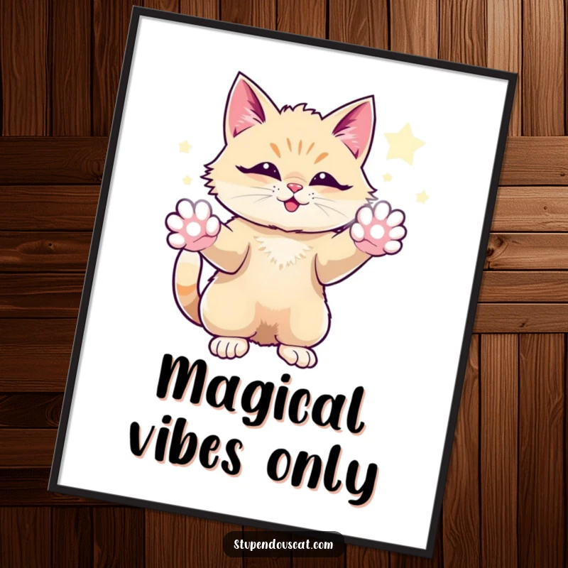 Funny digital art print depicting a magical cat conjuring vibrant, sparkling energy from its paws in an awe-inspiring display.
