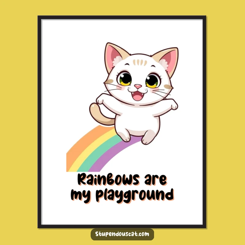 Funny Cat Leaping Rainbow Digital Print: Energetic Art - Whimsical Funny Gift