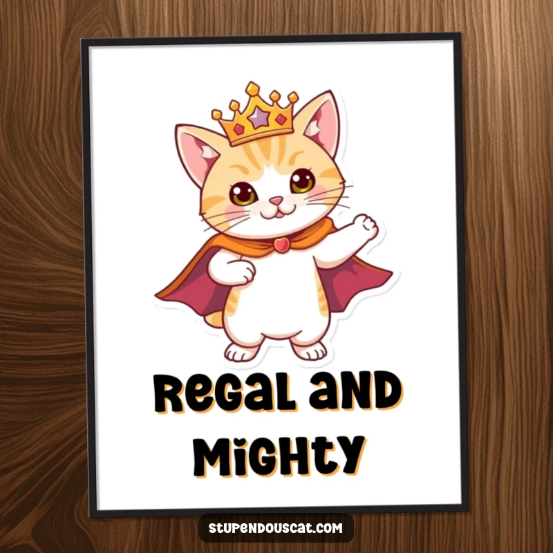 Funny Digital Art Print of a cat wearing a cape and crown, striking a heroic pose, instantly downloadable art.