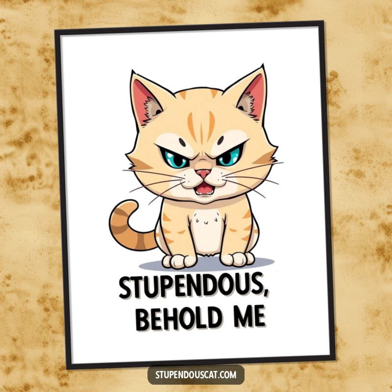 Funny fearless cat digital art print of a cat facing a challenge with unwavering resolve, looking stupendous and incredibly brave.