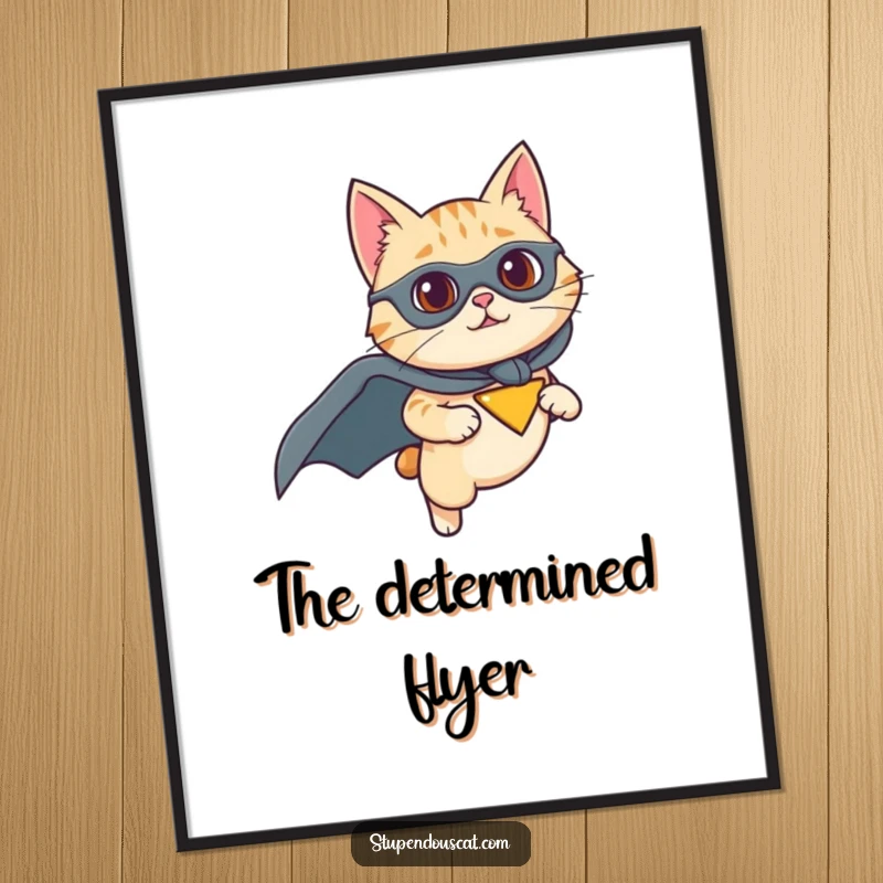 Funny digital art print of a cat wearing a superhero cape and flying with determination, symbolizing bravery and humor, a downloadable gift.