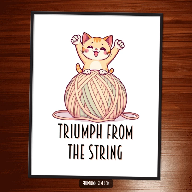 Funny digital art print of a cat in a triumphant pose on a giant ball of yarn, symbolizing playful victory and humor, a downloadable gift.