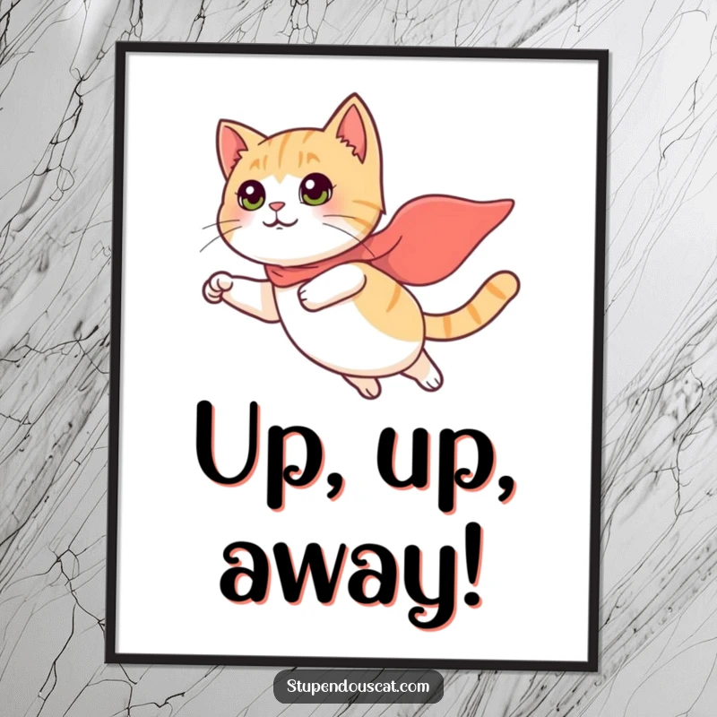 Funny Digital Art Print: A cat wearing a small cape is flying heroically, ready to be printed for whimsical decor.