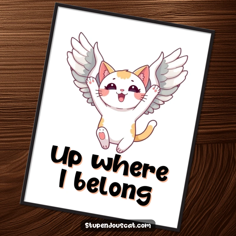 Funny Digital Art Print of a triumphant cat with majestic wings unfurled, soaring high, a symbol of power and ultimate success.