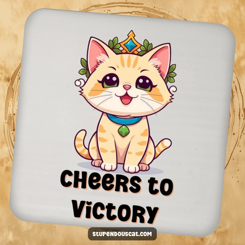 Funny champion cat in a laurel wreath, basking in triumphant glory, sitting on a drink coaster, protecting a surface.