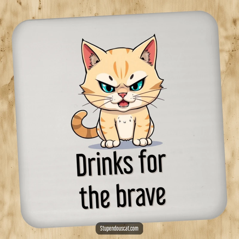 Funny fearless cat coasters featuring a cat with unwavering resolve facing a challenge, looking stupendous and protecting surfaces.