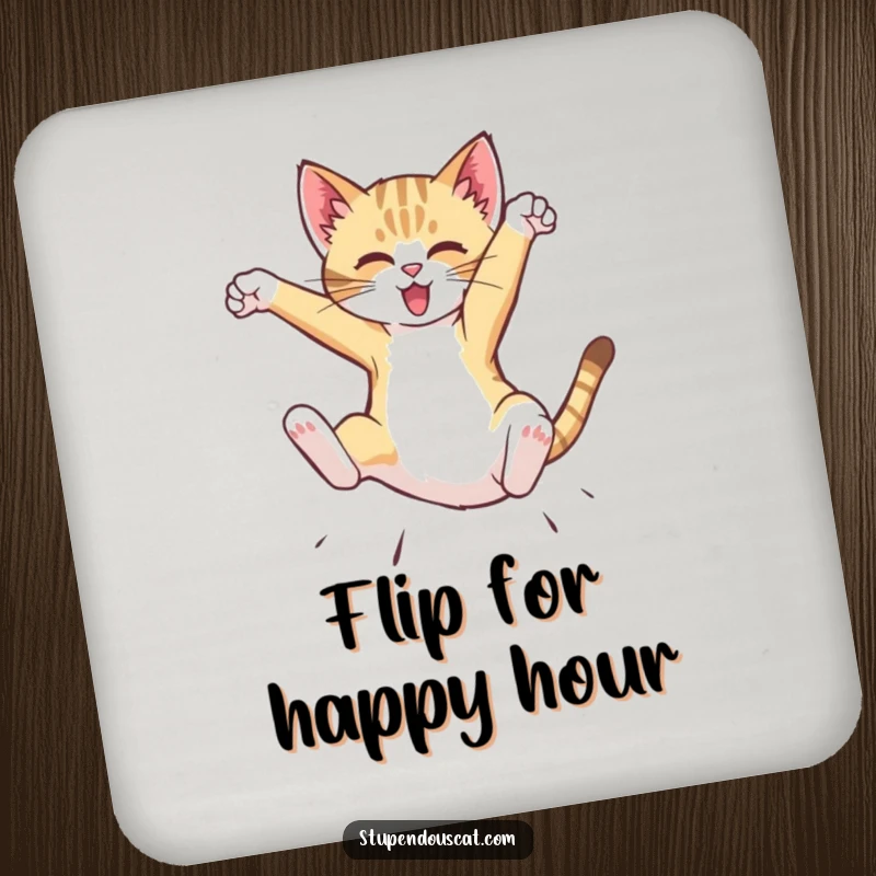 Funny Coaster showing a dynamic cat cub performing a mid-air flip, protecting surfaces with adorable, humorous action.