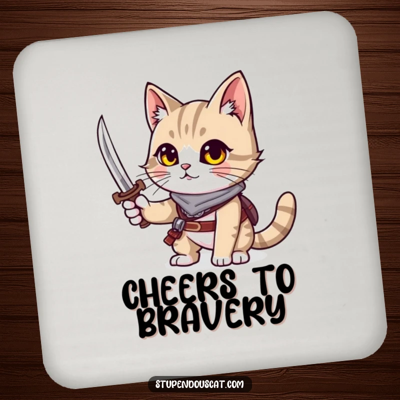 Funny cat coasters featuring a cat with an adventurous spirit, holding a tiny sword.
