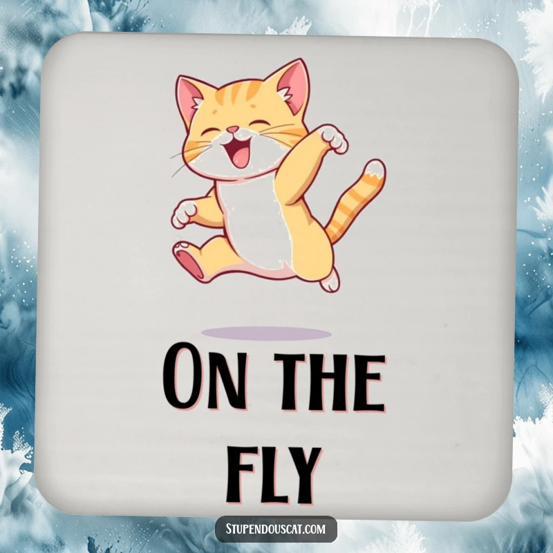 Funny cat coaster depicting a cat mid-air in an elegant, complex jump, ideal for protecting drinks.