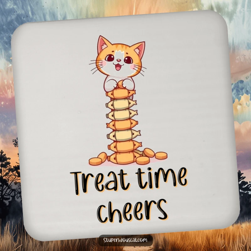 Funny Coaster: A cat balances a tall tower of fish treats, protecting surfaces with humorous precision.