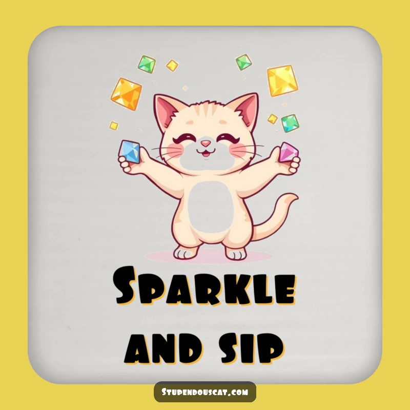 Funny Cat Juggling Gems Coaster: Protect Surfaces with Sparkle