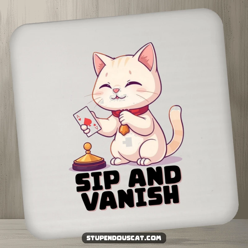 Funny cat magic coaster, a skilled cat conjuring a playing card as a protective barrier for drinks, adding humor to tables.
