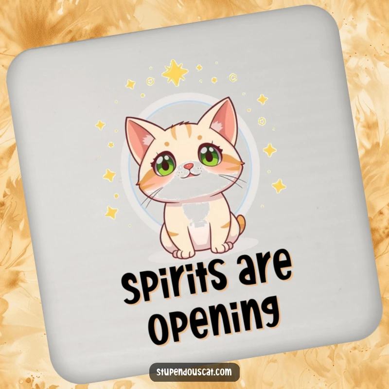 Funny cat coasters featuring a wide-eyed cat watching a magical portal open.