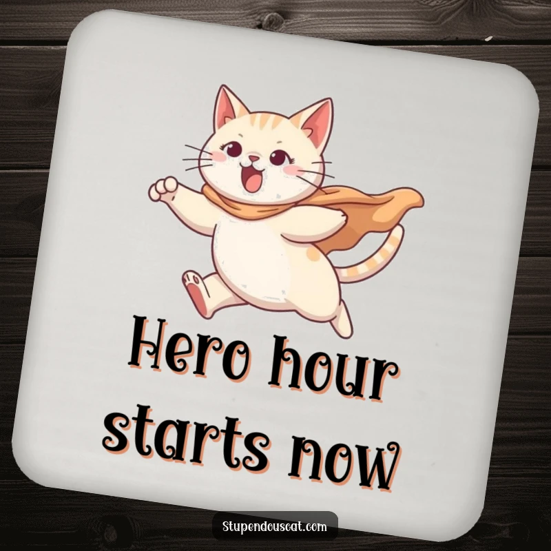 Funny drink coaster featuring a determined cat hero leaping, cape billowing, offering stylish, humorous protection.