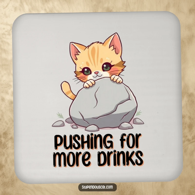 Funny Coaster showing a determined cat cub pushing a large boulder, protecting surfaces with adorable, humorous strength.