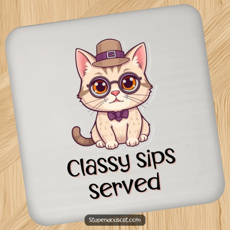 Funny Coasters showcasing a distinguished cat wearing a monocle and top hat, adding elegant vibes to any table.