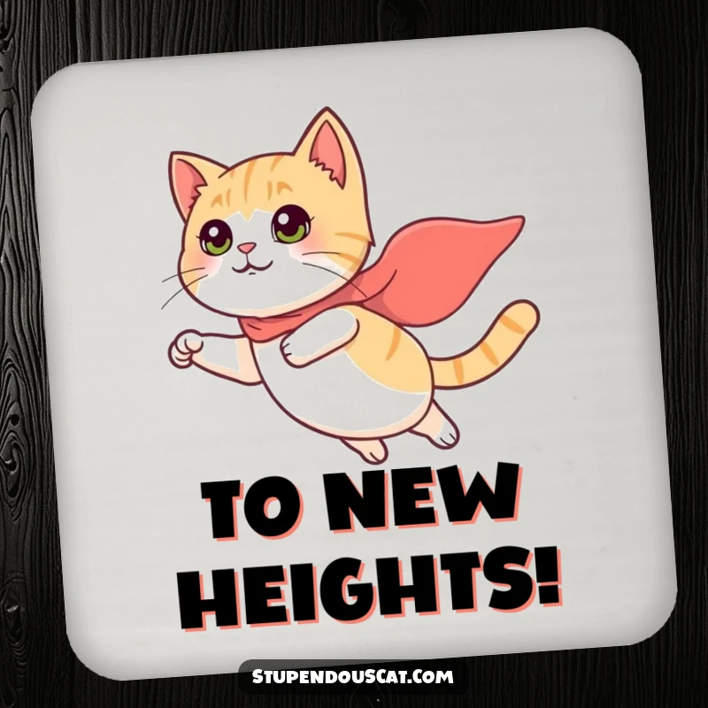 Funny Coaster: A cat with a tiny cape heroically flies, protecting your surfaces with feline bravery and humor.