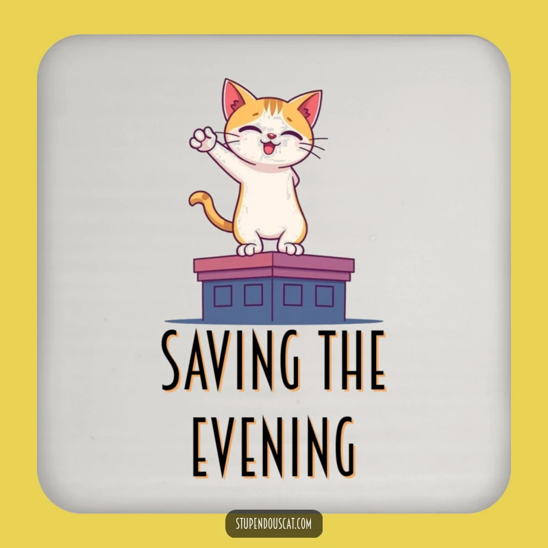 Funny Hero Cat Rooftop Coaster: Protect Surfaces with Heroic Style!