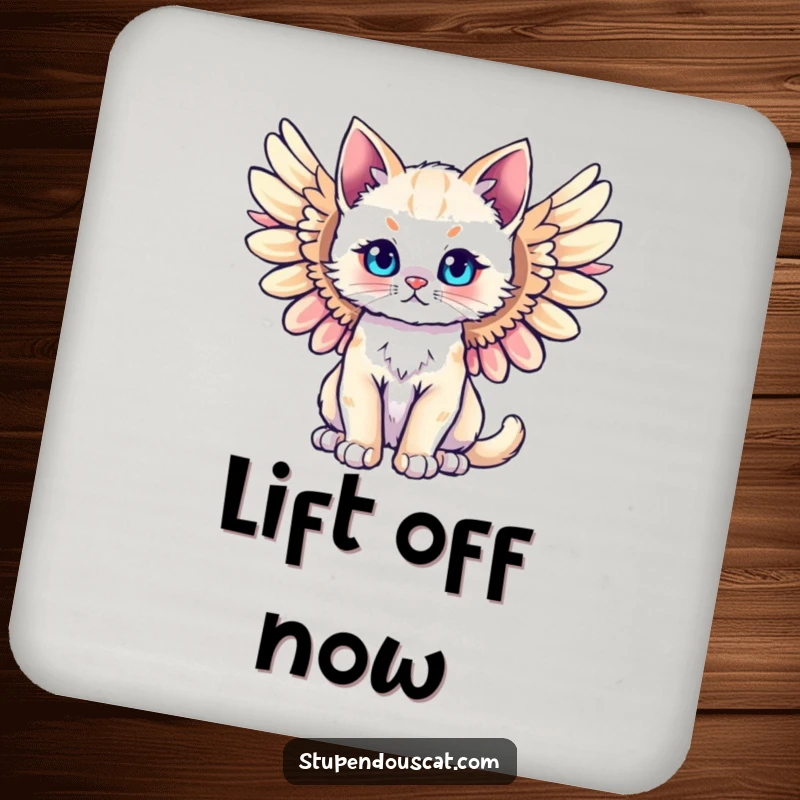 Funny majestic angel cat cub coaster, wings spread wide, offering protection with divine humor. Ideal for any surface.