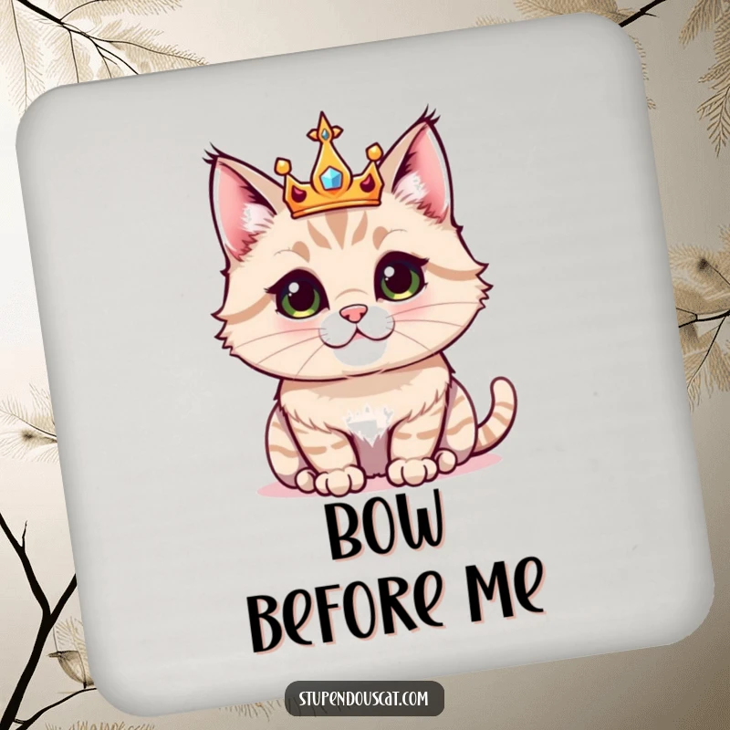 Funny drink coaster featuring a majestic cat wearing a small, sparkling crown, protecting surfaces with royal charm.