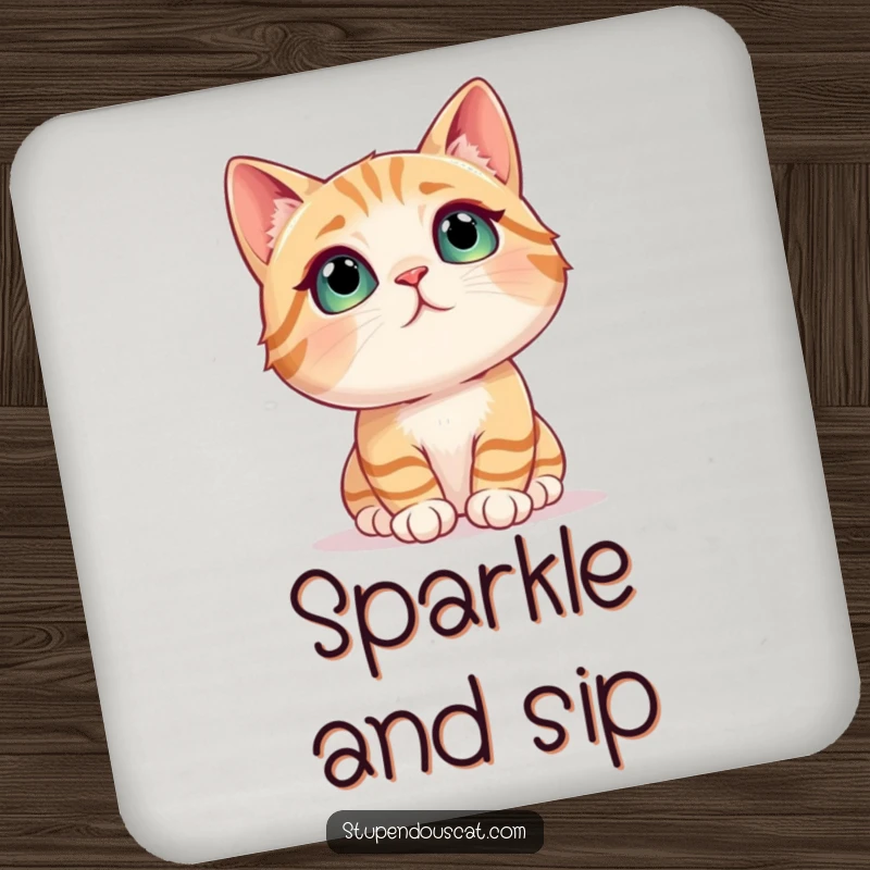 Funny cat coaster depicting a cat looking up in complete awe at a dazzling, shimmering object, ideal for drinks.