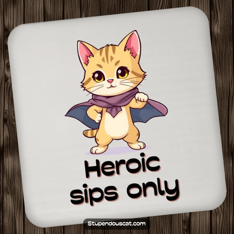 Heroic Cat Cub Cape Coasters: A set of coasters featuring a proud cat cub in a cape, protecting surfaces with bravery.