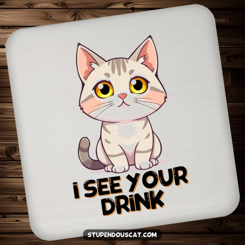 Funny coaster with a cat with glowing eyes confidently surveying its surroundings, offering humorous mystical protection, a practical and cute gift.