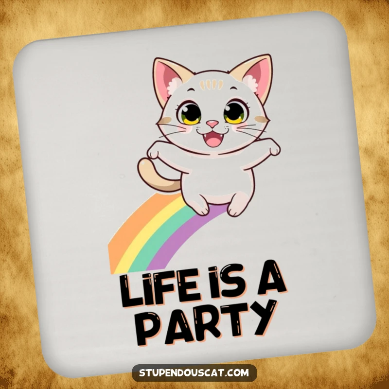 Funny coaster: A cat with energetic eyes and a wide grin leaping joyfully over a bright rainbow, protecting surfaces.