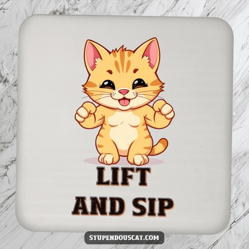 Funny drink coaster featuring a strong cat cub flexing its small muscles, offering protection with a humorous design.