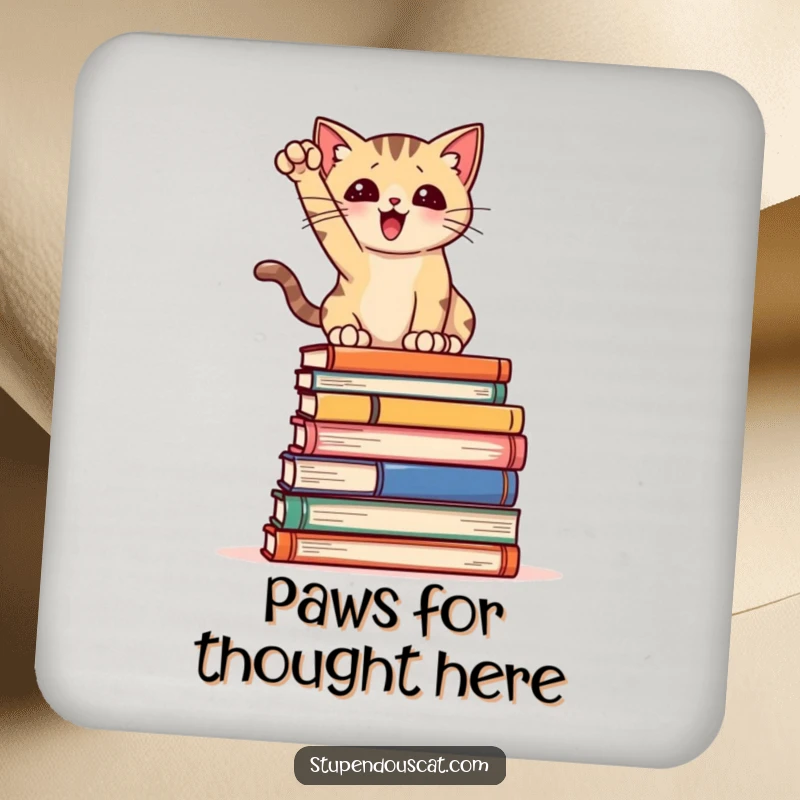 Funny Coasters: A cat striking a pose on books, adding literary humor and surface protection to any coffee table settings.
