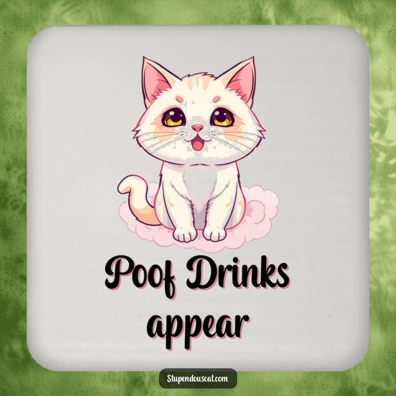 Funny drink coaster with a dazzling cat emerging from a puff of smoke, protecting surfaces with magical flair, a delightful gift.