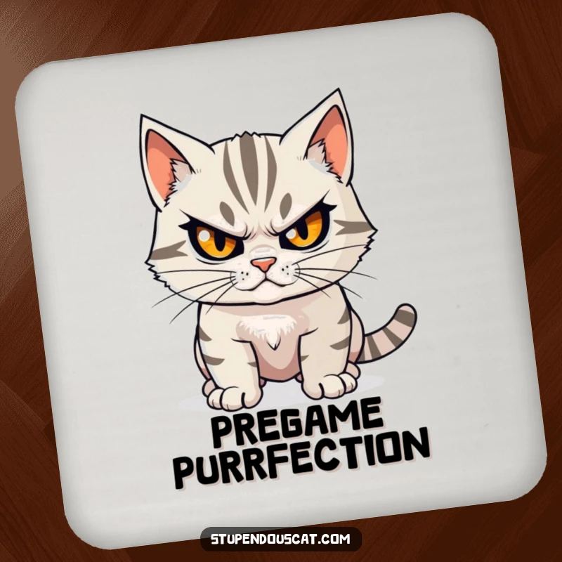 Funny determined cat coasters featuring a cat with a steely gaze, ready for action, protecting surfaces with humor.