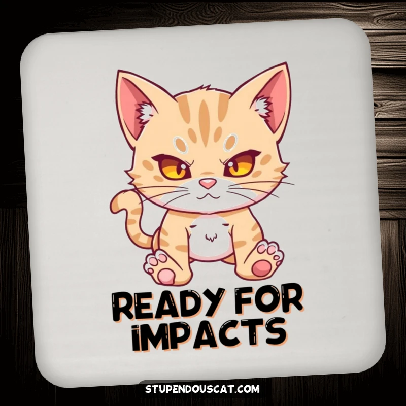 Funny action cat cub coaster, formidable and ready for action, protecting surfaces with humorous determination.